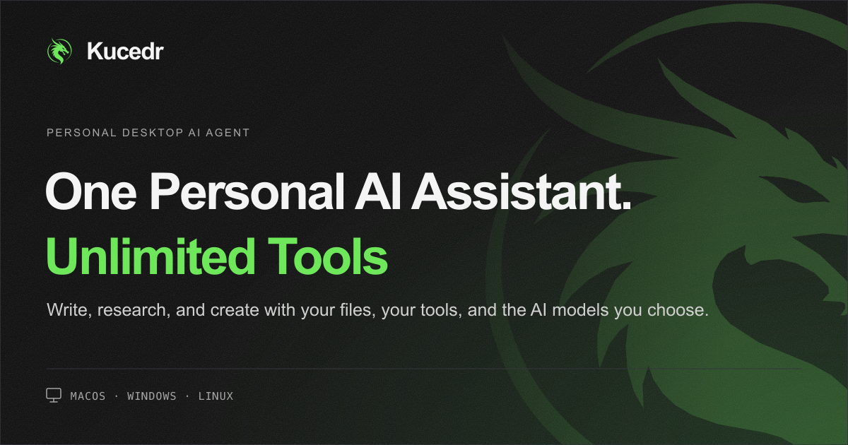 Kucedr personal desktop AI assistant for macOS, Windows, and Linux, with its dragon emblem on a green background.